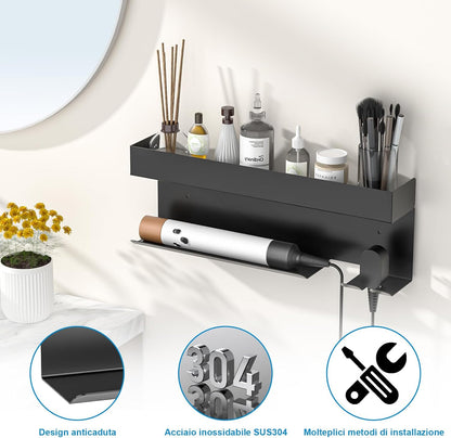 Gaethra Wall Mounted Hair Dryer Holder, 7 in 1 Strong and Rustproof Adhesive Holder, Perfect for Bathroom and Hair Care, Includes Hair Straightener Holder, Black Bathroom Hairdryer Hanger