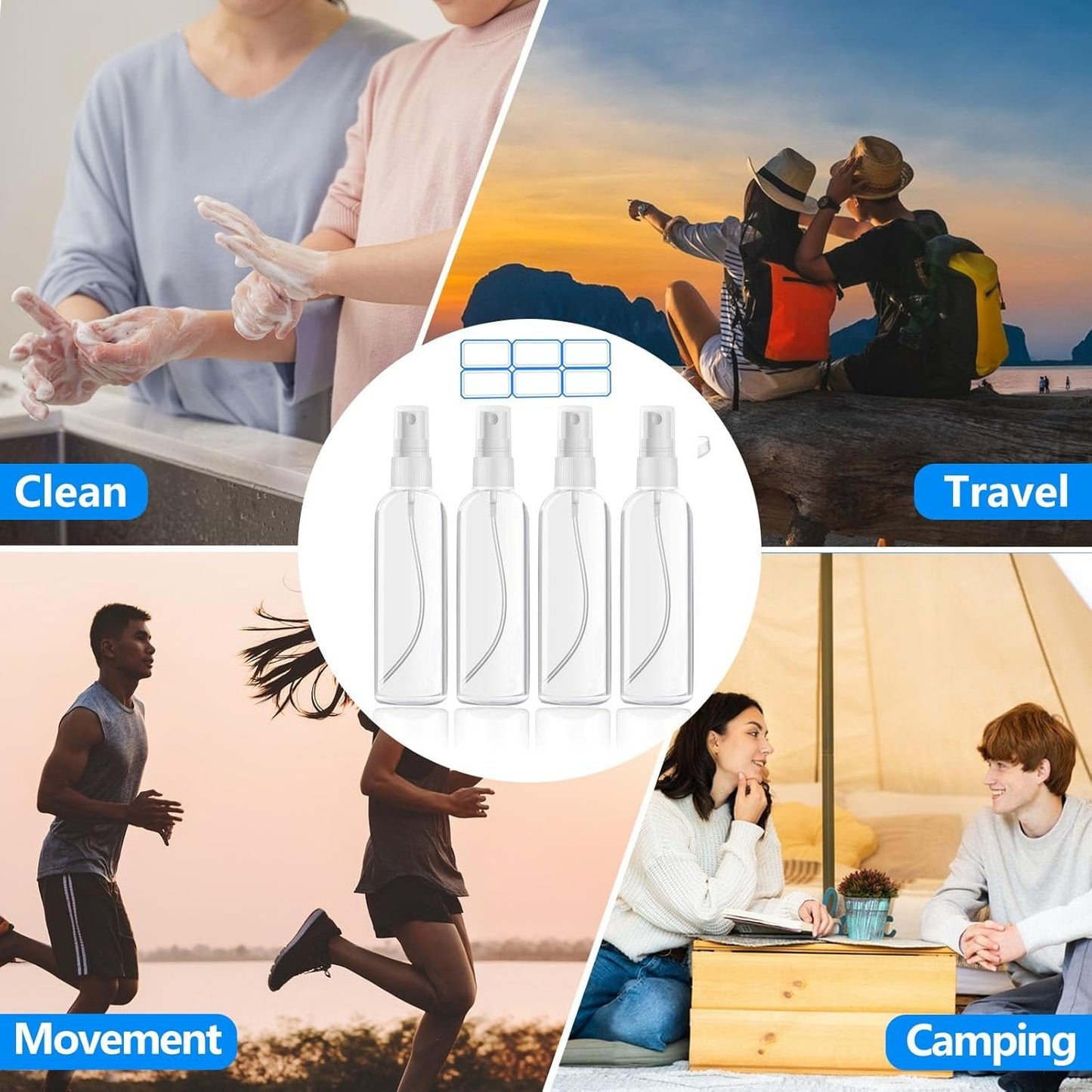 DTDNZKN 4 Pack 3.4 Oz (100ml) Small Spray Bottles, TSA Approved Travel Bottles for Toiletries with Labels - Fine Mist, Refillable, Reusable, Leak Proof