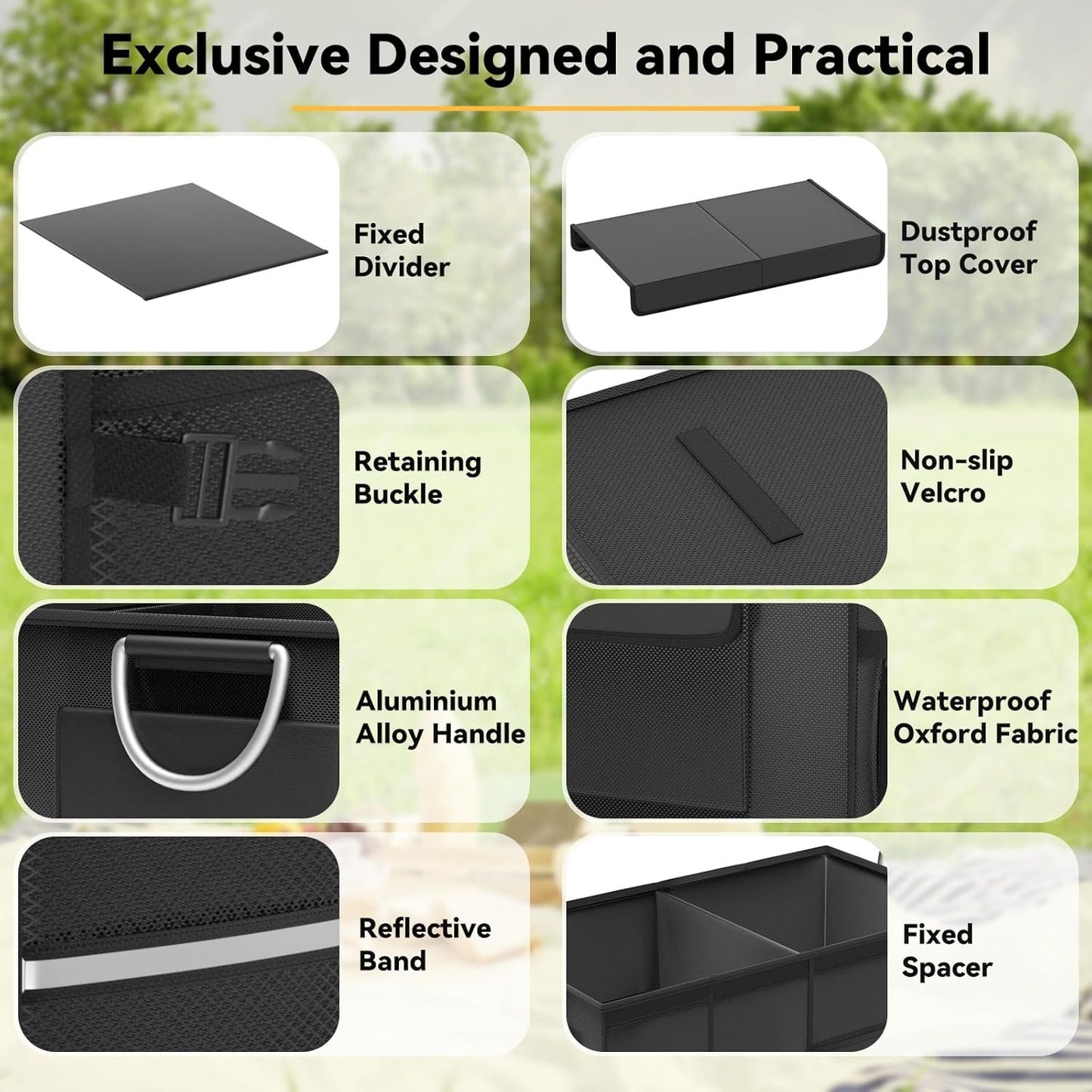 CLESOO Car Trunk Organizer Basket with Lid - Collapsible Multi Compartment Vehicle Organizer - Multiple Pockets, Multi-purpose Travel Accessory - Anti-slip Leak-proof Fits any Car, SUV, Minivan