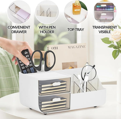 Witwatia Desk Organizer with 2 Drawer, Plastic Desk Organizers and Storage with 5 Compartments, Cosmetic Makeup Storage Box with 3 Pen Holder, Desktop Organization for Bathroom School Home Office