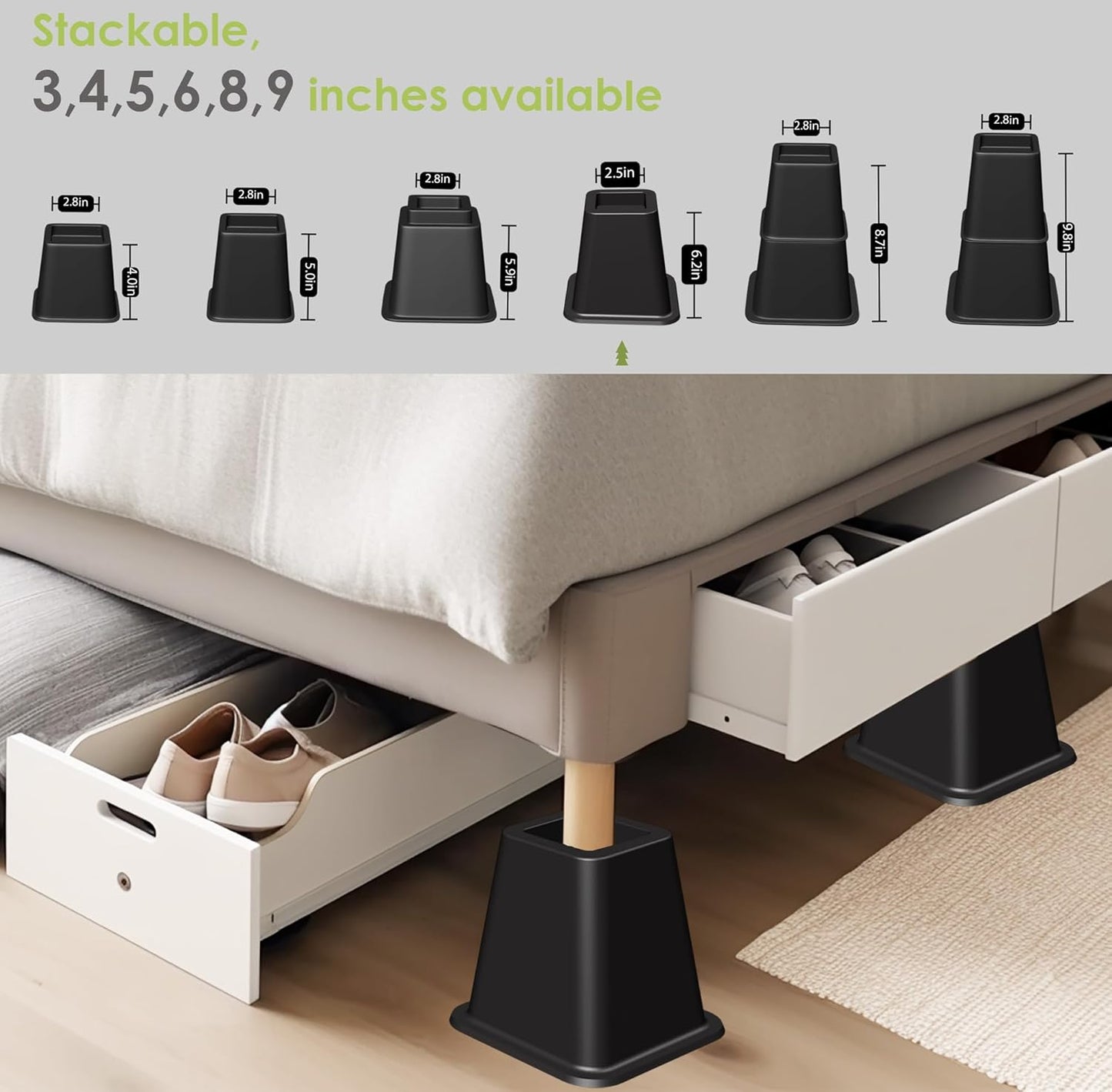 OXENDURE 6" Bed Furniture Riser - Versatile Bed and Furniture Risers - Heavy Duty - Supports 300lbs Each, Set of 4, Black