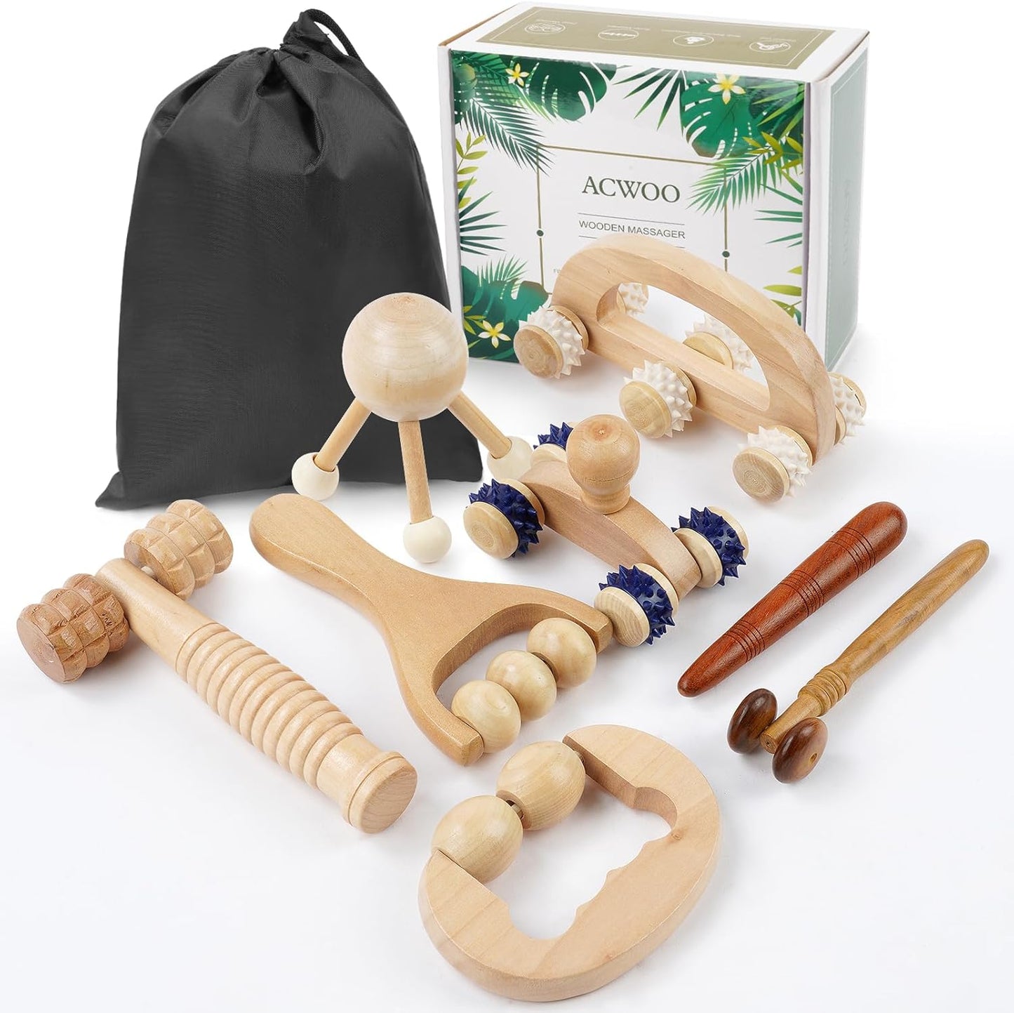ACWOO 8 in 1 Wood Therapy Massage Tools, Wood Maderotherapy Kit, Anti-Cellulite Massager for Body Modeling, Lymphatic Drainage, Muscle Pain Relief