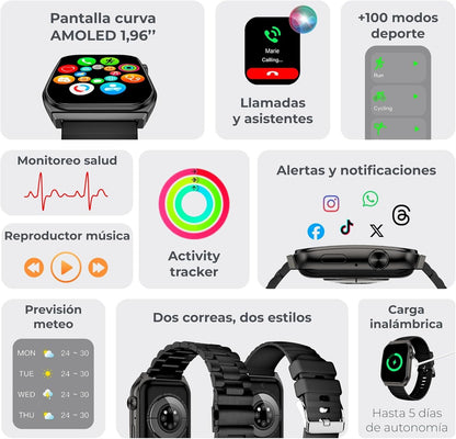 Ksix Olympo Smart Watch for Men, Stylish Calls and Notifications, Cool AMOLED Display, Health and Sports Monitor, Voice Assistants, 5 Days Runtime, iOS App and, Black, Standard, Black, Standard