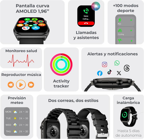 Ksix Olympo Smart Watch for Men, Stylish Calls and Notifications, Cool AMOLED Display, Health and Sports Monitor, Voice Assistants, 5 Days Runtime, iOS App and, Black, Standard, Black, Standard