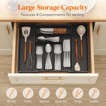 Lifewit Expandable Silverware Drawer Organizer, 22.4 x 16.7 x 2 inches, Adjustable Utensil Cutlery Tray for kitchen, Plastic Flatware Spoon Fork Knives Holder Storage Divider,1 Pack, Black