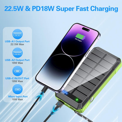 Solar Power Bank 33800mAh Built in 4 Cables, 22.5W USB C Fast Charging Portable Phone Charger, 6 Outputs & 4 Inputs with LED Camping Lights Battery Pack for Outdoor iPhone Samsung Tablet (Green)
