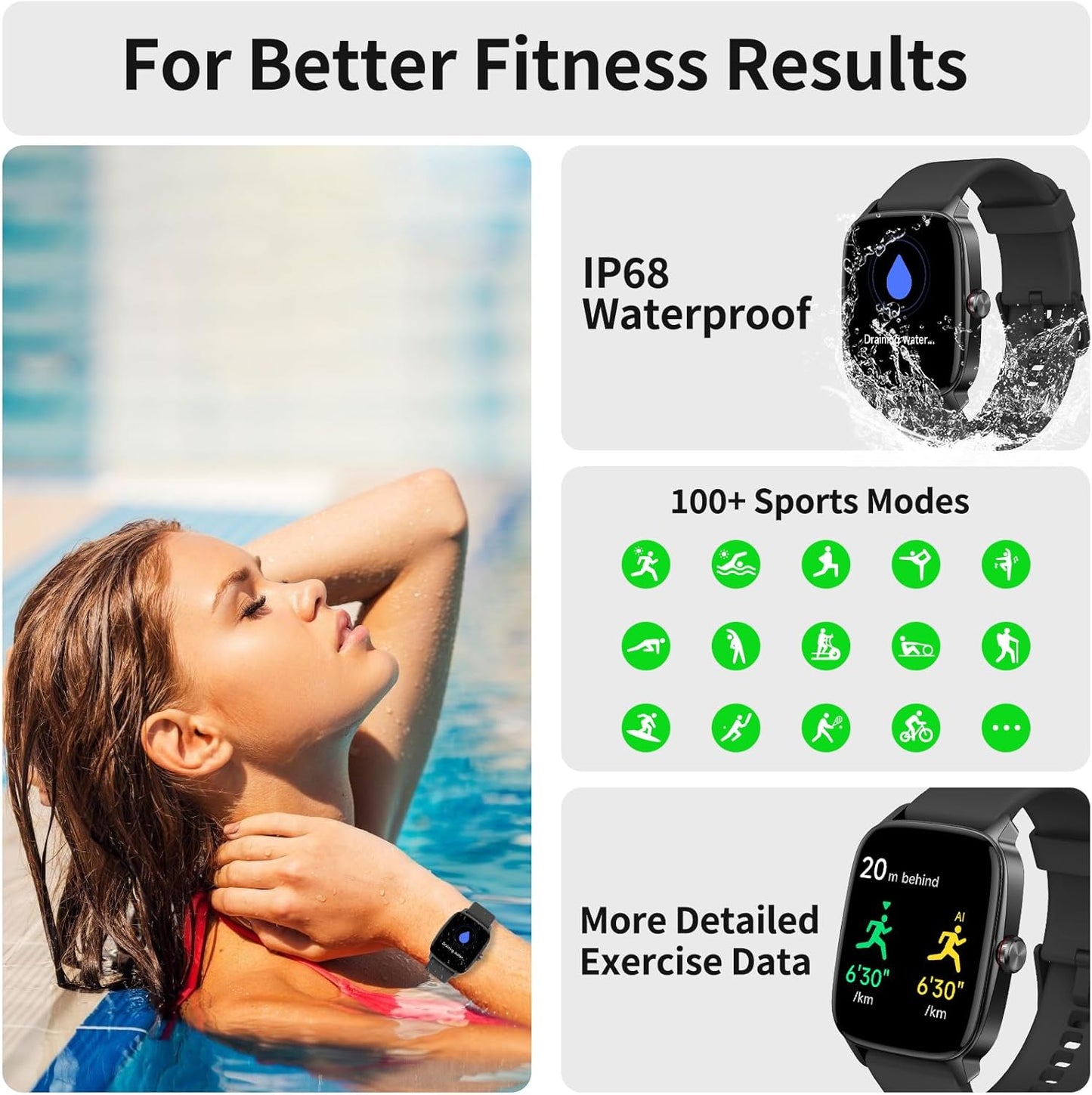 Smart Watch for Men Women, IP68 Waterproof, Bluetooth Calling, Fitness Tracker, Sleep Monitoring, 1.85'' DIY Dial, AI Built-in, 100+ Sports Modes, 7 Days Battery, Compatible with Android & iPhones