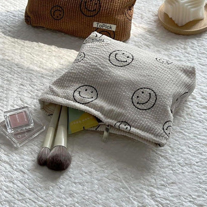 Corduroy Makeup Bag, Cosmetic Bag with Zipper Closure, Make Up Bag Handbags Purses Pouch Travel for Women, Smile Dots Organizer Storage Bag Girls Pencil Case, Clean Girl Aesthetic Must Haves