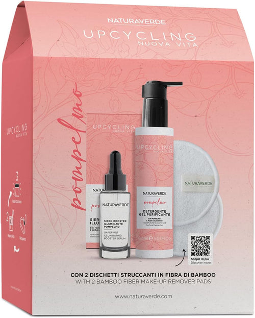 Naturaverde | Skincare Face Kit Upcycling Grapefruit, Cleansing Gel 150 ml and Serum 30 ml, Grapefruit Extract, Vitamin C and Hyaluronic Acid + Makeup Remover Pads, Complete Skincare Set, Brightening