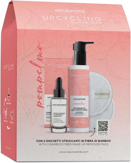 Naturaverde | Skincare Face Kit Upcycling Grapefruit, Cleansing Gel 150 ml and Serum 30 ml, Grapefruit Extract, Vitamin C and Hyaluronic Acid + Makeup Remover Pads, Complete Skincare Set, Brightening