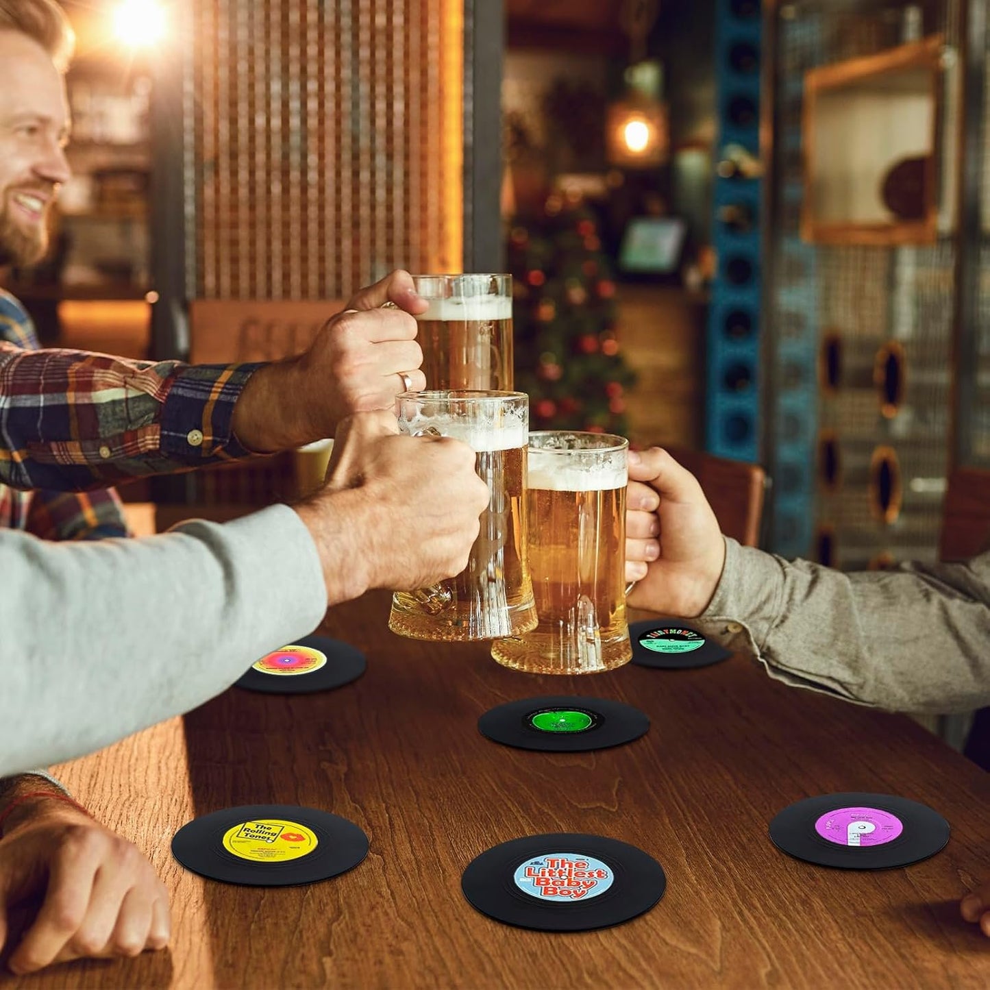 Valdivia Vinyl Record Coasters for Drinks with Records Player, Retro Album Coasters Set of 6, Funny Coasters and Cool Home Decor for Housewarming Gifts, Music Lovers Gifts, Wedding Registry Gift Ideas