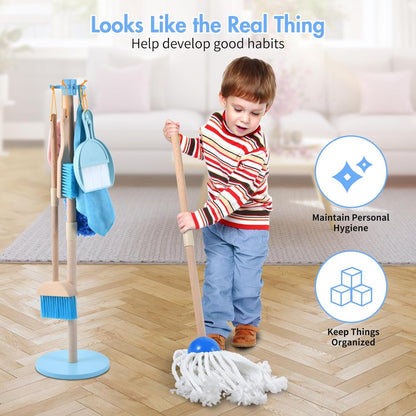 WHOHOLL Wooden Toddler Cleaning Set, Toddler Toys Montessori Toys for 3+ Years Old, Housekeeping Play Set Includes Broom Mop Duster Dustpan Sponge and Organizing Stand, STEM Skill Developmental Gift