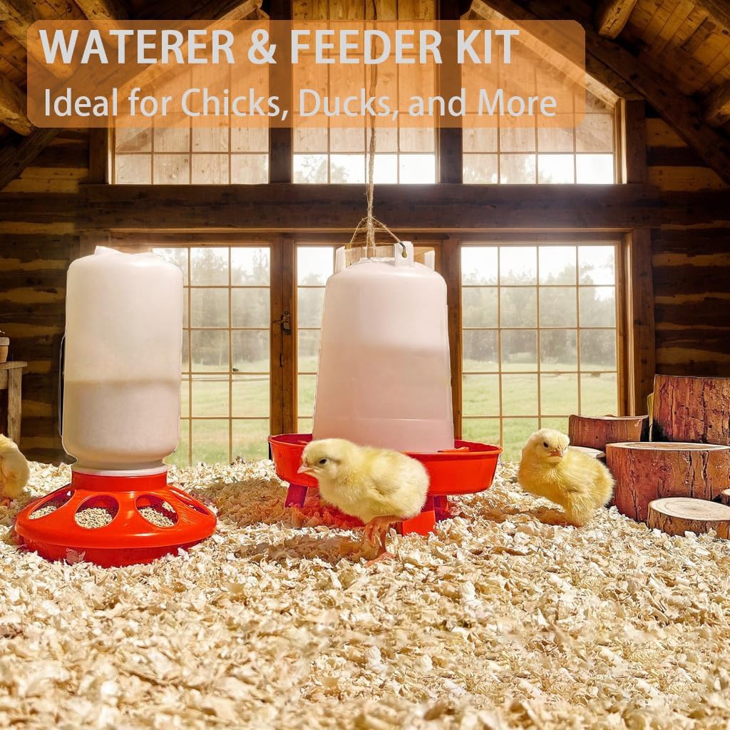 1L Chick Feeder, 1.5L Chicken Waterer - No Leakage Chick Feeder and Waterer Kit, Hanging Baby Chick Waterer, Durable Chicken Water Feeder, Chicken Feeder and Waterer Set, Poultry Waterer