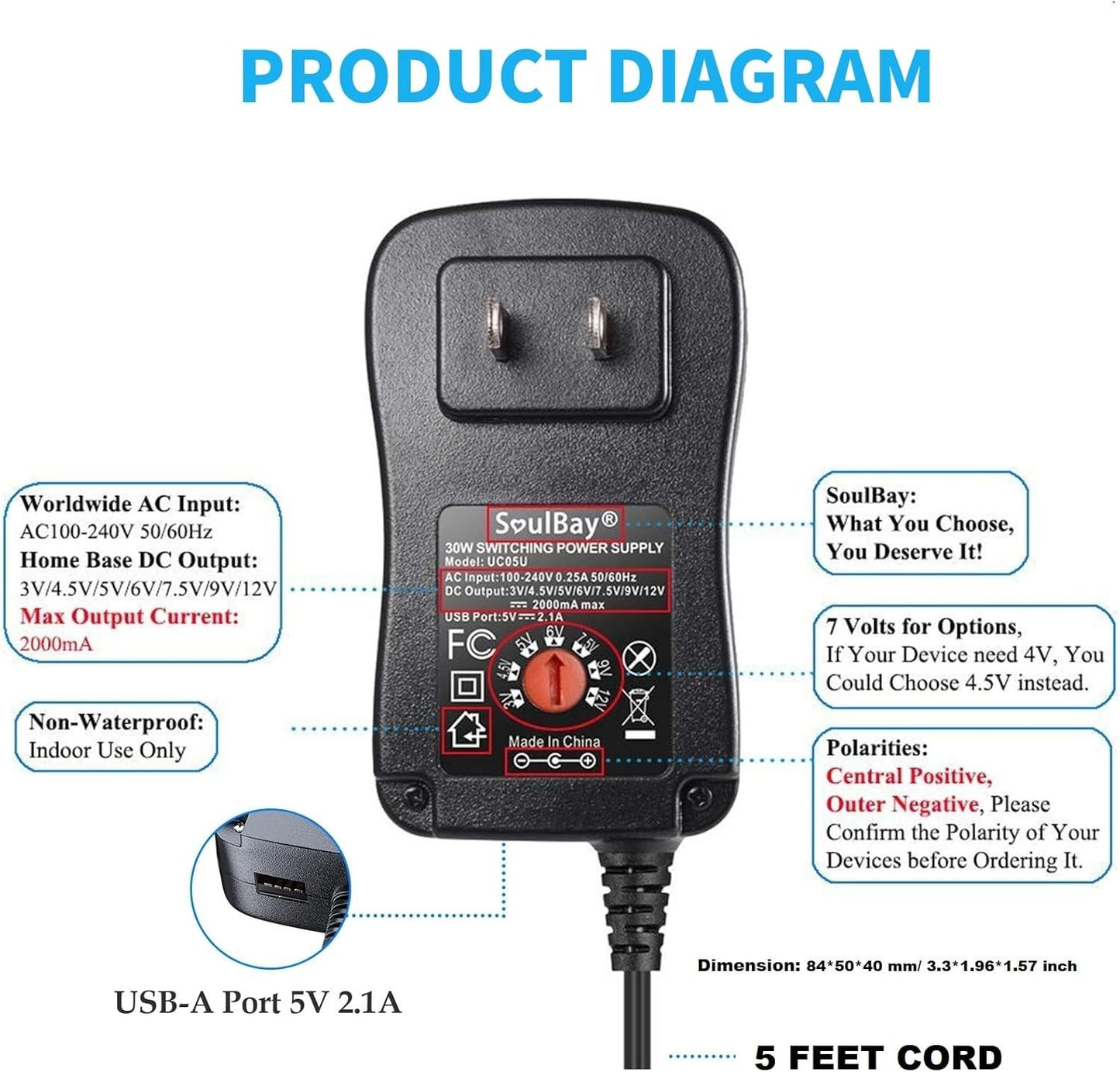 SoulBay 12V Power Supply Universal AC DC Adapter Charger with Adjustable Output 5V 9V 3V 6V 4.5V 7.5V 12 Volt 1A 1.5A 2A for LED Strip Light CCTV Camera BT Speaker GPS Webcam Router, 5 FT Cord, 30W