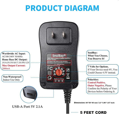 SoulBay 12V Power Supply Universal AC DC Adapter Charger with Adjustable Output 5V 9V 3V 6V 4.5V 7.5V 12 Volt 1A 1.5A 2A for LED Strip Light CCTV Camera BT Speaker GPS Webcam Router, 5 FT Cord, 30W