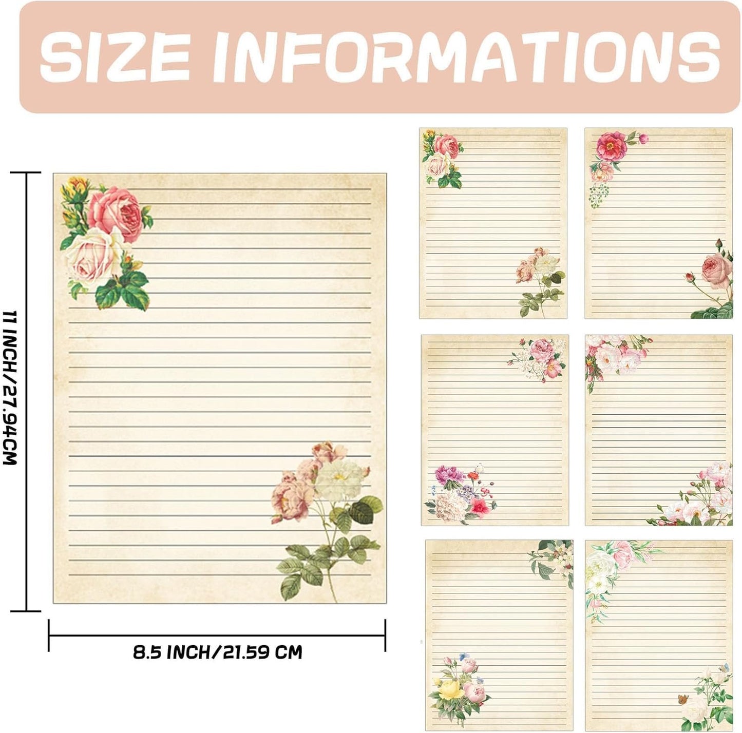 Retro Flower Stationery Letterhead Paper 60pcs Vintage Flowers Blosso Writing 8.5 x 11 Inch Spring Border Notes Greeting for Wedding Birthday Invitation Office School