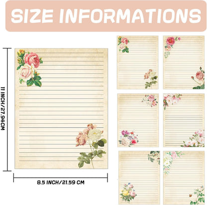 Retro Flower Stationery Letterhead Paper 60pcs Vintage Flowers Blosso Writing 8.5 x 11 Inch Spring Border Notes Greeting for Wedding Birthday Invitation Office School