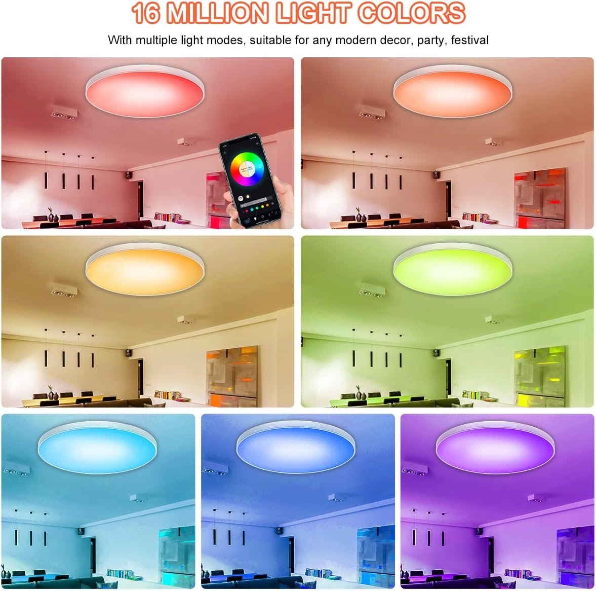 Hitish RGB Ceiling Light, 30W 2200LM Smart Ceiling Light with Remote & Smart APP Control, 2700-6500K Dimmable Color Changing LED Light Fixture Compatible with Alexa Google Home for Bedroom Living Room
