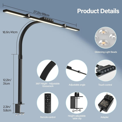 VOURTM LED Desk Lamp with Clamp, 24W Eye-Care Desk Light with Smart Remote, Stepless-Dimming and Color Temp Control, Architect Desk Lamp for Home Office, Workbench, Reading, Study, Painting