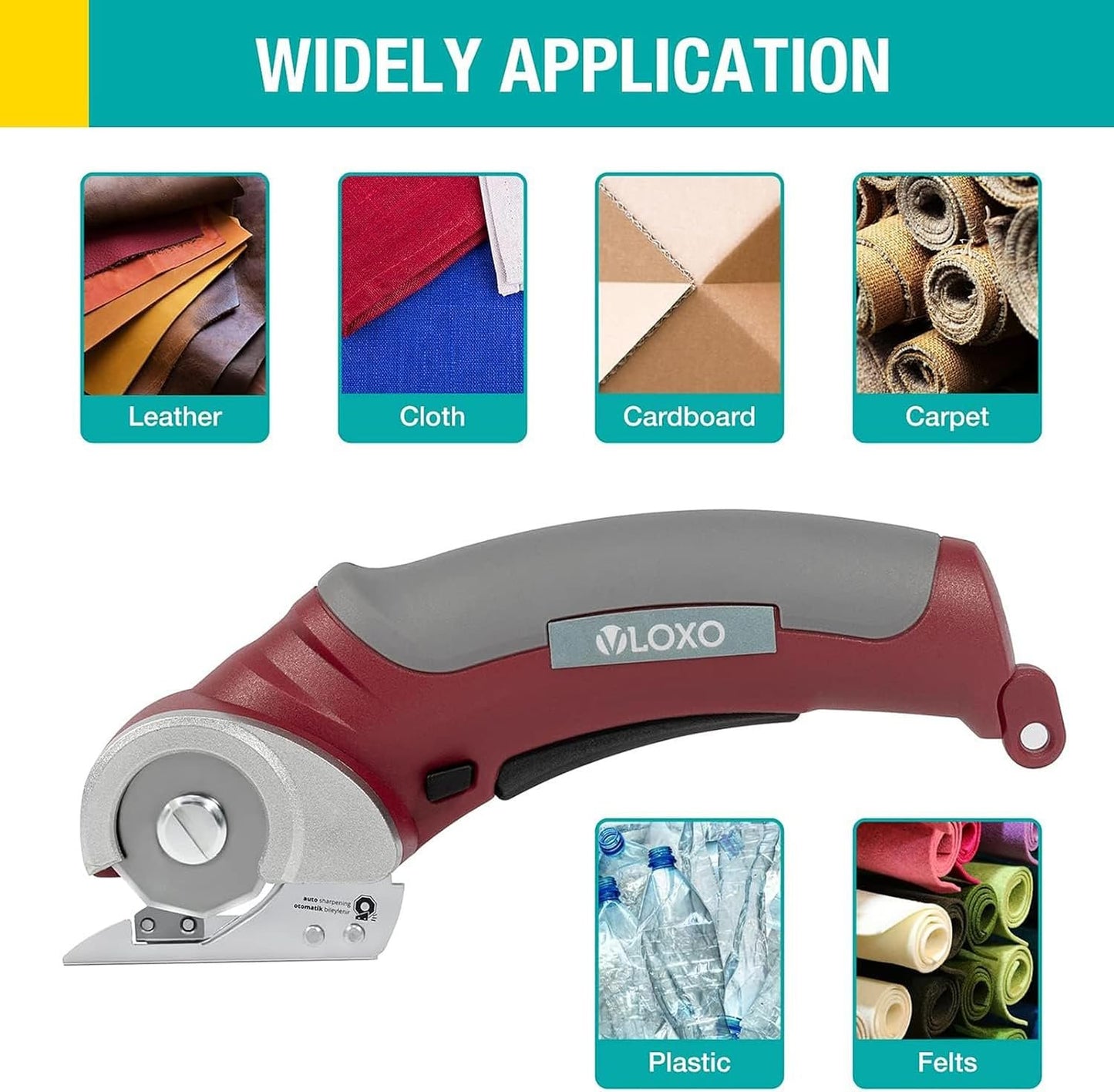 VLOXO Cordless Electric Scissors, AT001 Rotary Cutter for Fabric, Cardboard Cutter 4.2V Muti-Cutting Tools with Safety Lock, Rechargeable Powerful Fabric Cutter for Carpet Leather with Storage Box