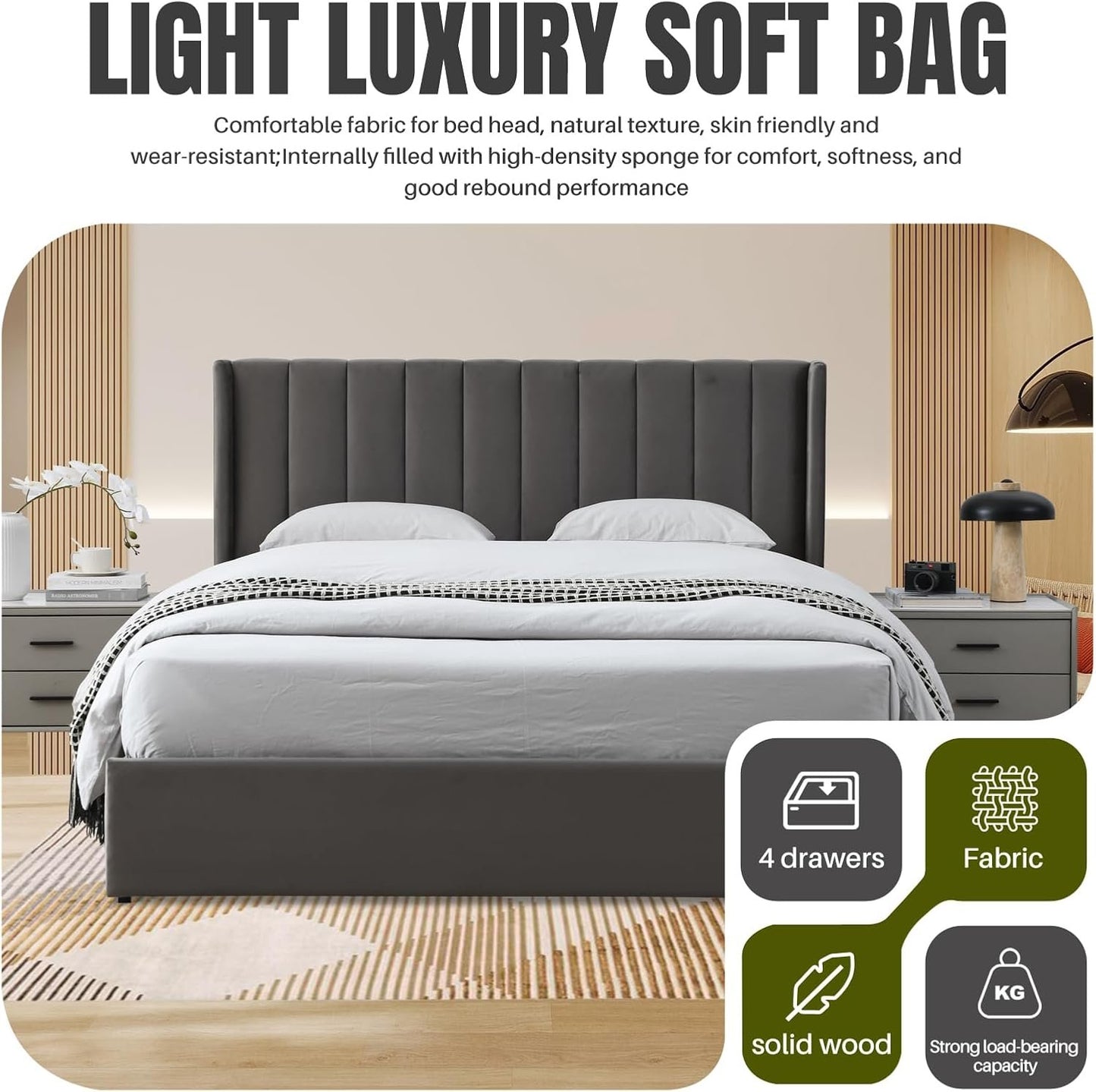 YUHUASHI Upholstered Queen-Size Platform Bed Frame with 4 Storage Drawers and Headboard, Velvet Upholstery with Wooden Slats Support, No Box Spring Required (Grey, Queen)