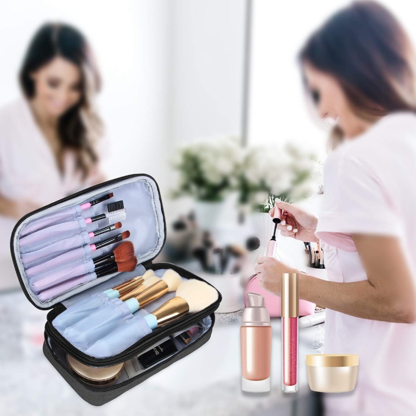 Teamoy Travel Makeup Brush Bag(up to 8.5"), Professional Cosmetic Artist Organizer Case with Handle, Compact and multifunctional-Small, Black (No Accessories Included)