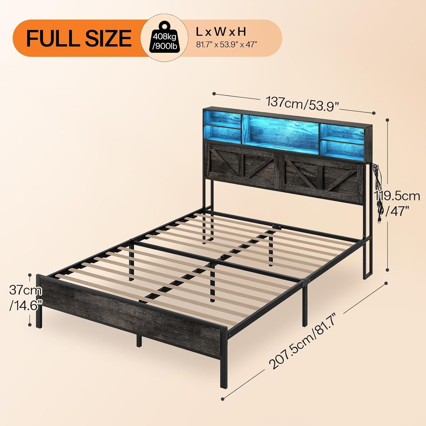 HOOBRO Full Bed Frame with Charging Station, LED Bed Frame with Tall Storage Headboard, Strong Wood Slats, No Box Spring Needed, Noise-Free, Charcoal Gray and Black BC05UDBF01