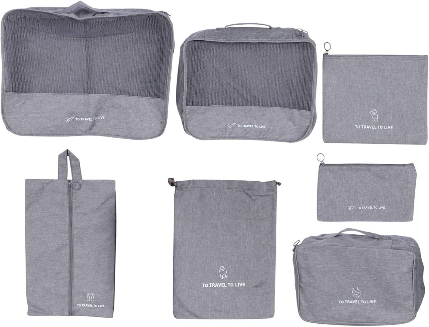 Holibanna 7Pcs Travel Packing Cubes Zipper Clothing Storage Pouches for Luggage Organization Travel Accessories for Clothes Shoes and Makeup Grey
