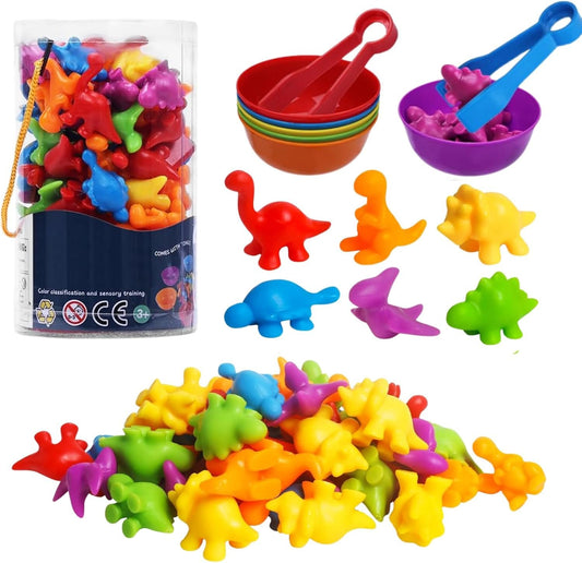 56 Pcs Counting Dinosaurs Toys Matching Game for Kids, JOMWEN Sorting Stacking Toys with Bowls, Montessori STEM Set, Early Learning Preschool Learning, Sensory Toy for Age 3 4 5 6+ Toddler Boys Girls