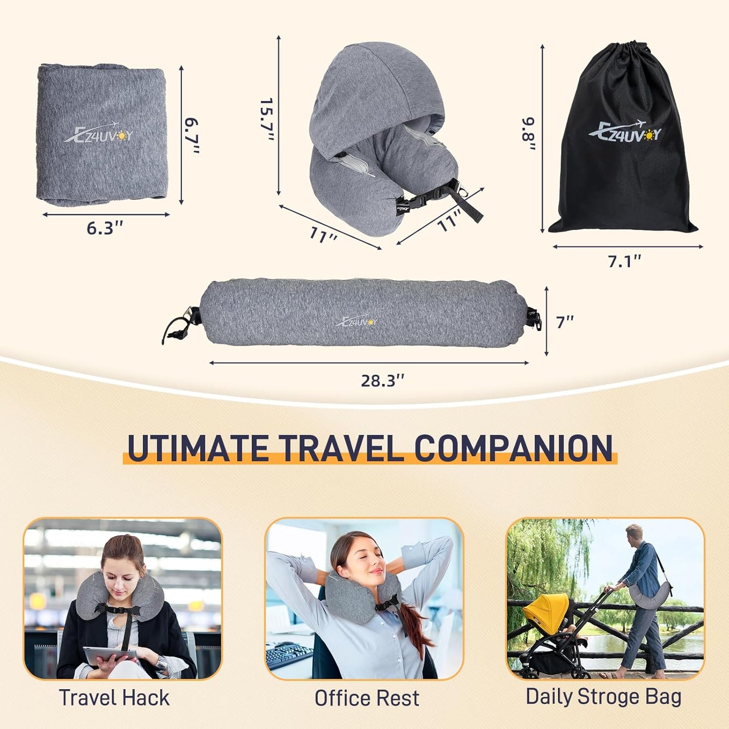 Stuffable Neck Pillow for Travel with Hood, Hoodie Travel Pillow Stuffable with Clothes, Fillable Travel Pillow Storage Bag, Soft Empty Neck Pillow Case, Packable for Airplane Travel Essentials