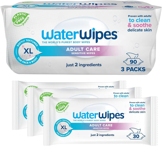 WaterWipes Adult Care Sensitive Body & Intimate Hygiene Wipes, 90 Wipes (3 Packs), Extra Large Textured, 99.9% Water-Based, For Everyday Personal Uses