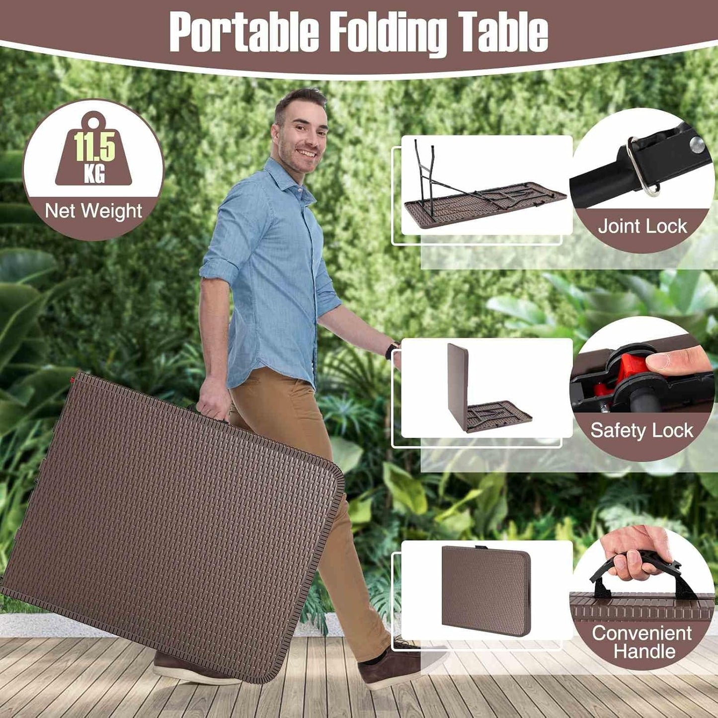 Costway 180cm Outdoor Portable Folding Table, 160kg Fold-in-Half Table w/HDPE Rattan-Like Tabletop, Safe Lock Mechanism, Patio Folding Dining Table w/Carrying Handle for Party, Picnic, Camping