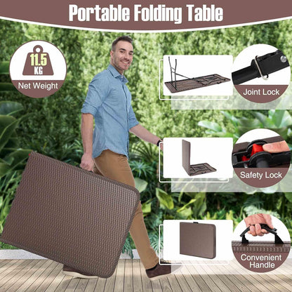 Costway 180cm Outdoor Portable Folding Table, 160kg Fold-in-Half Table w/HDPE Rattan-Like Tabletop, Safe Lock Mechanism, Patio Folding Dining Table w/Carrying Handle for Party, Picnic, Camping