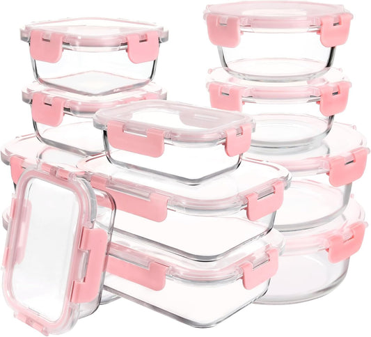 CZUMJJ Glass Meal Prep Containers Set of 12 Food Storage Containers for Lunches, Dishwasher Safe, Pink