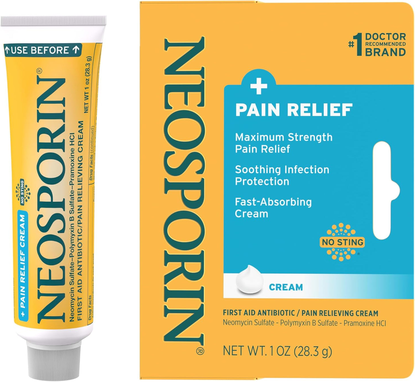 Neosporin + Maximum-Strength Pain Relief Dual Action Cream, First Aid Topical Antibiotic & Analgesic for Wound Care of Minor Cuts, Scrapes & Burns, Polymyxin B & Pramoxine HCl, 1 oz, 2 Pack