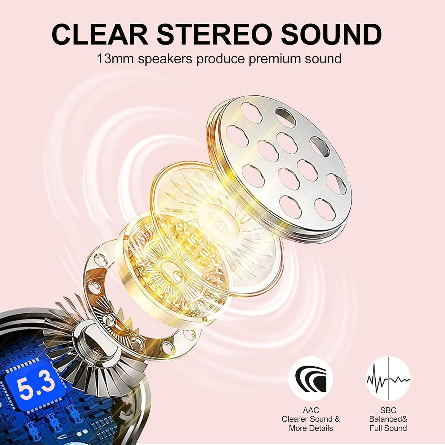 Wireless Earbuds, in Ear Headphones Bluetooth 5.3 with HiFi Stereo Deep Bass, Ear Buds with ENC Noise Cancelling Mics, Smart Touch, 40 Hours Playtime, Earphones for Sports, Work, Leisure, Rose Gold