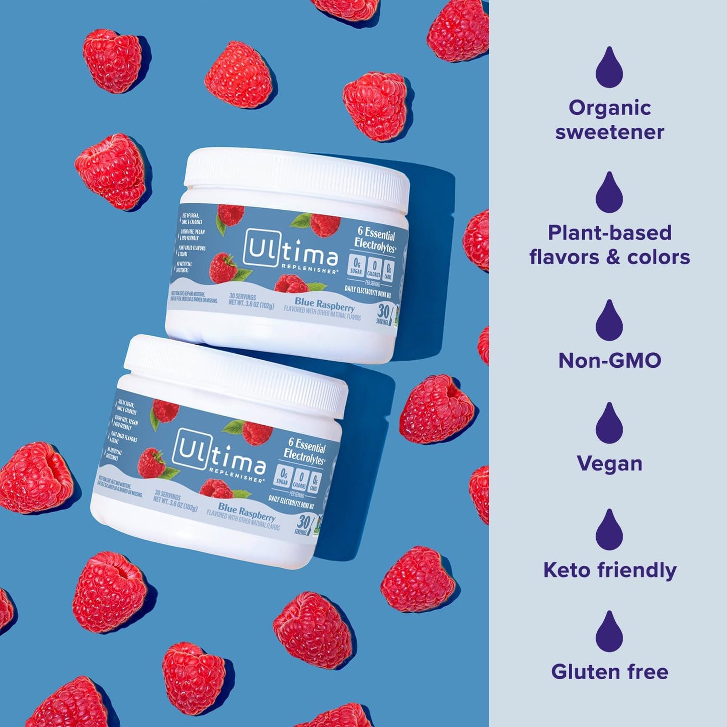 Ultima Replenisher Electrolyte Hydration Powder, Blue Raspberry, 30 Servings - Sugar Free, 0 Calories, 0 Carbs - Gluten-Free, Keto, Non-GMO, Vegan, with Magnesium, Potassium, Calcium