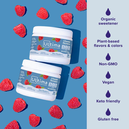 Ultima Replenisher Electrolyte Hydration Powder, Blue Raspberry, 30 Servings - Sugar Free, 0 Calories, 0 Carbs - Gluten-Free, Keto, Non-GMO, Vegan, with Magnesium, Potassium, Calcium