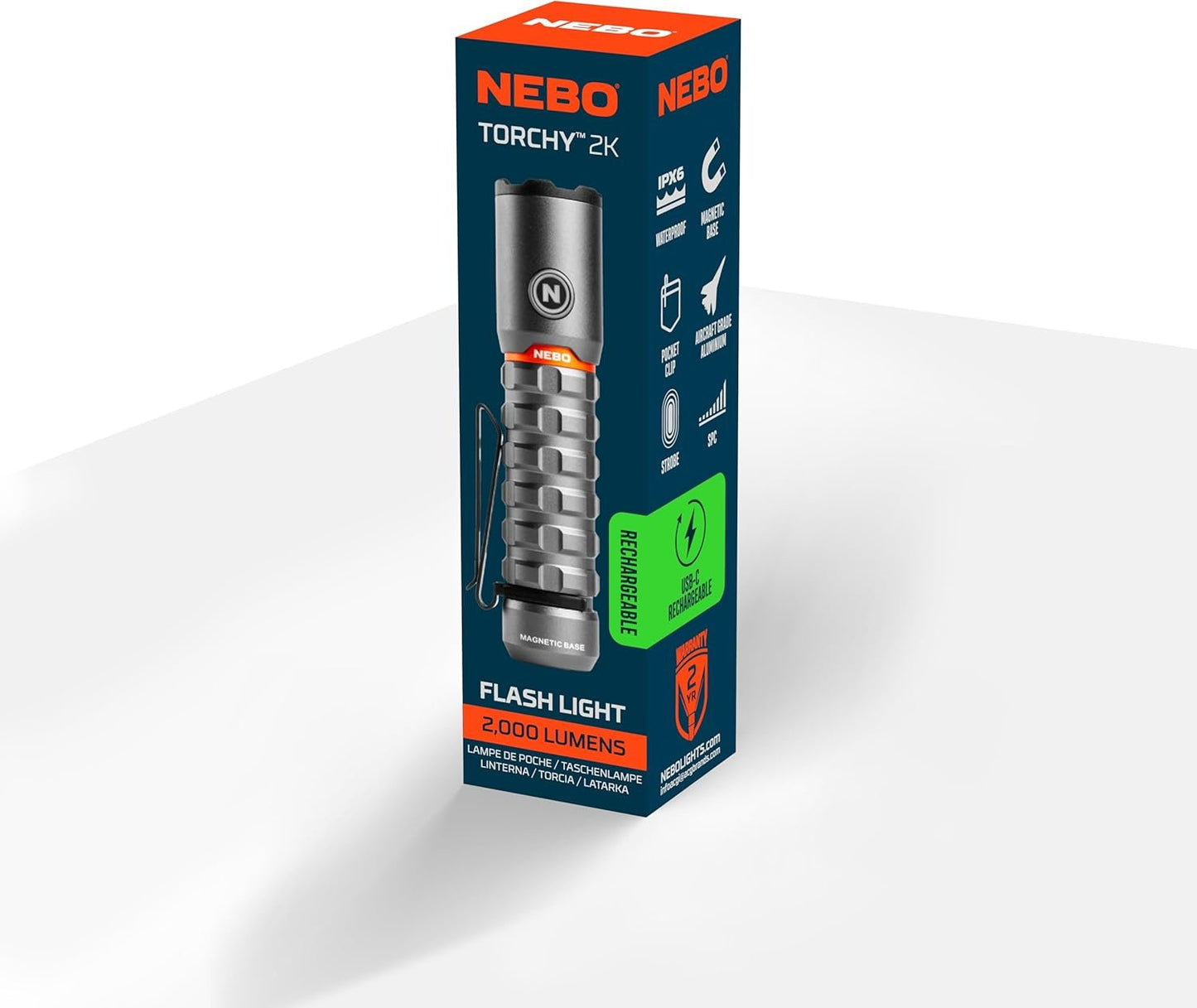 NEBO Torchy 2K Rechargeable Pocket Flashlight, 4 cm x 3 cm x 11 cm