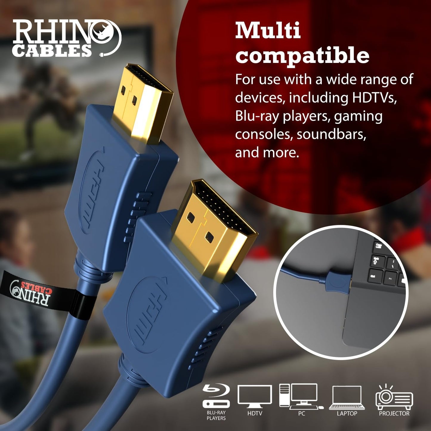 rhinocablesÂ® OFC HDMI 4K 1.4 Ultra HD HDR Smart High Speed Cable with Ethernet Oxygen Free Copper Blue (3m)