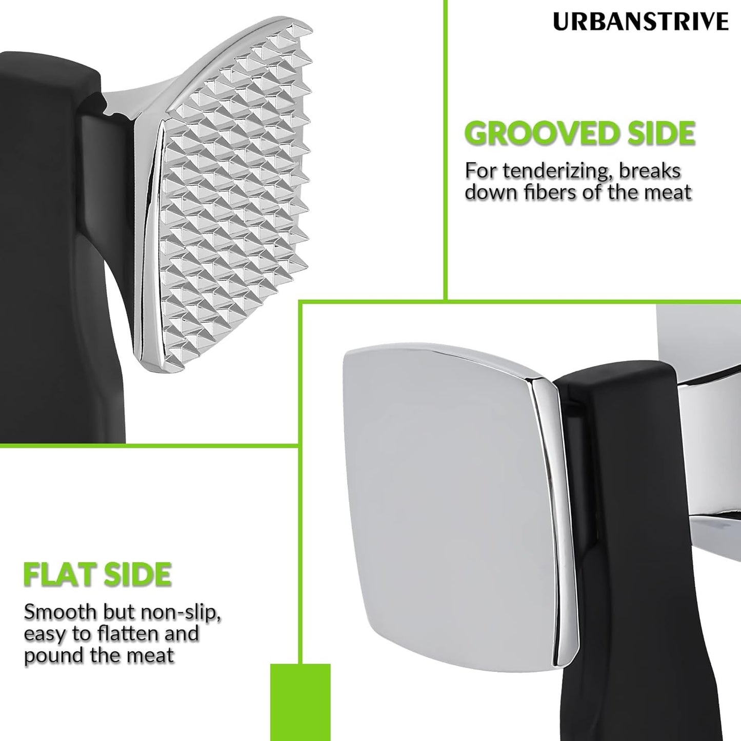 Urbanstrive Premium Heavy Duty Meat Tenderizer Hammer, Stainless Steel Meat Mallet Tenderizer, Dual-Sided Meat Hammer Tenderizer, Meat Pounder Kitchen Mallet for Beef, Chicken Pounder, Black