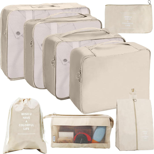 Suitcase Organizer, 8 in 1 Suitcase Organizer, Travel Accessories Organizer, Travel Bag for Clothes, Shoes, Underwear, Cosmetics Packing Cubes Organizer-Beige