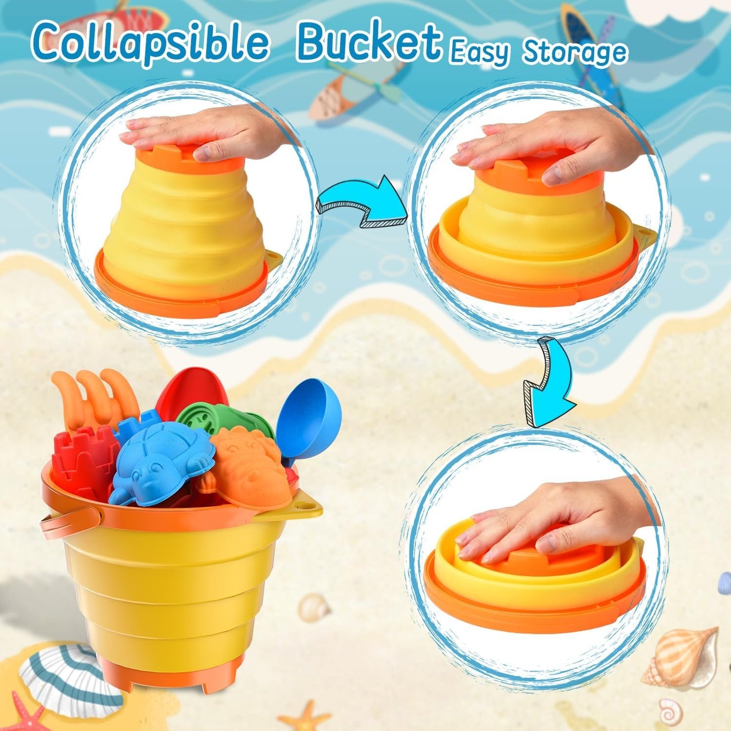 Beach Toys, Sandbox Toys with Collapsible Sand Bucket, Shovel Set, Sand Castle Kit, Animal Molds Mesh Bag, Summer Water Poor Sea Outdoor Play Travel Toys for Kids Toddlers Boys Girls-19PCS