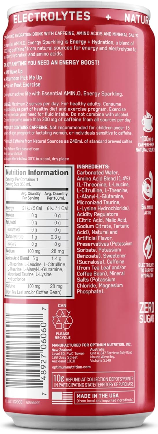 OPTIMUM NUTRITION Amino Energy + Electrolytes Sparkling Hydration Drink, Strawberry Flavour, 355ml, 12 Pack