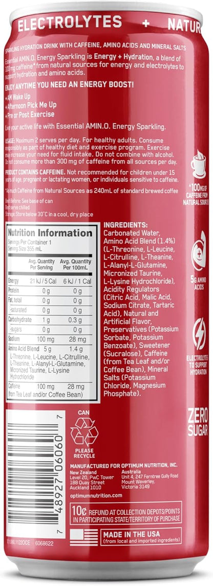 OPTIMUM NUTRITION Amino Energy + Electrolytes Sparkling Hydration Drink, Strawberry Flavour, 355ml, 12 Pack