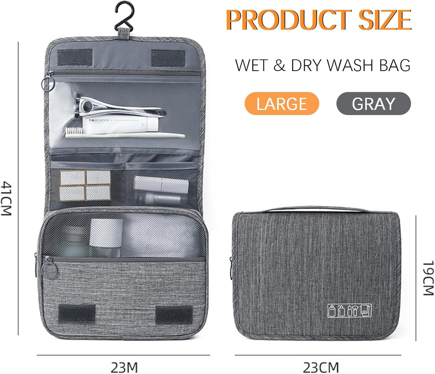 Hanging Toiletry Bag, Waterproof Travel Makeup Organizer for Women, Portable Wash Bag for Camping and Outdoor, Multifunctional Travel Cosmetic Bag with Ample Capacity (Grey)