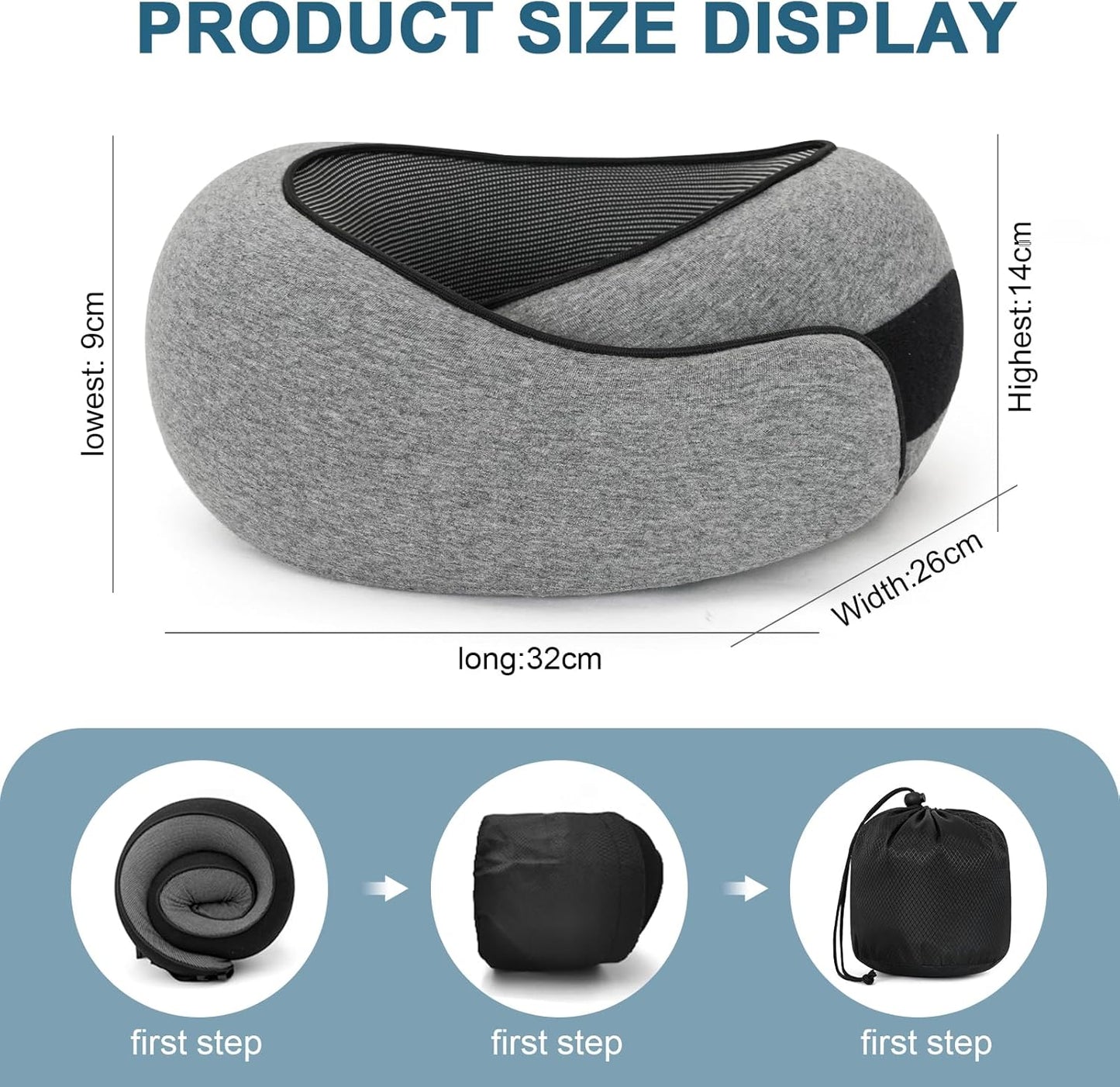 Travel Neck Pillow, Memory Foam Travel Neck Pillow for Airplanes, 360° Support Stowable Pillows for Sleeping, Airplane Travel Kit with 3D Contoured Eye Masks, Earplugs, and Storage Bag (Grey)
