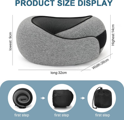 Travel Neck Pillow, Memory Foam Travel Neck Pillow for Airplanes, 360° Support Stowable Pillows for Sleeping, Airplane Travel Kit with 3D Contoured Eye Masks, Earplugs, and Storage Bag (Grey)