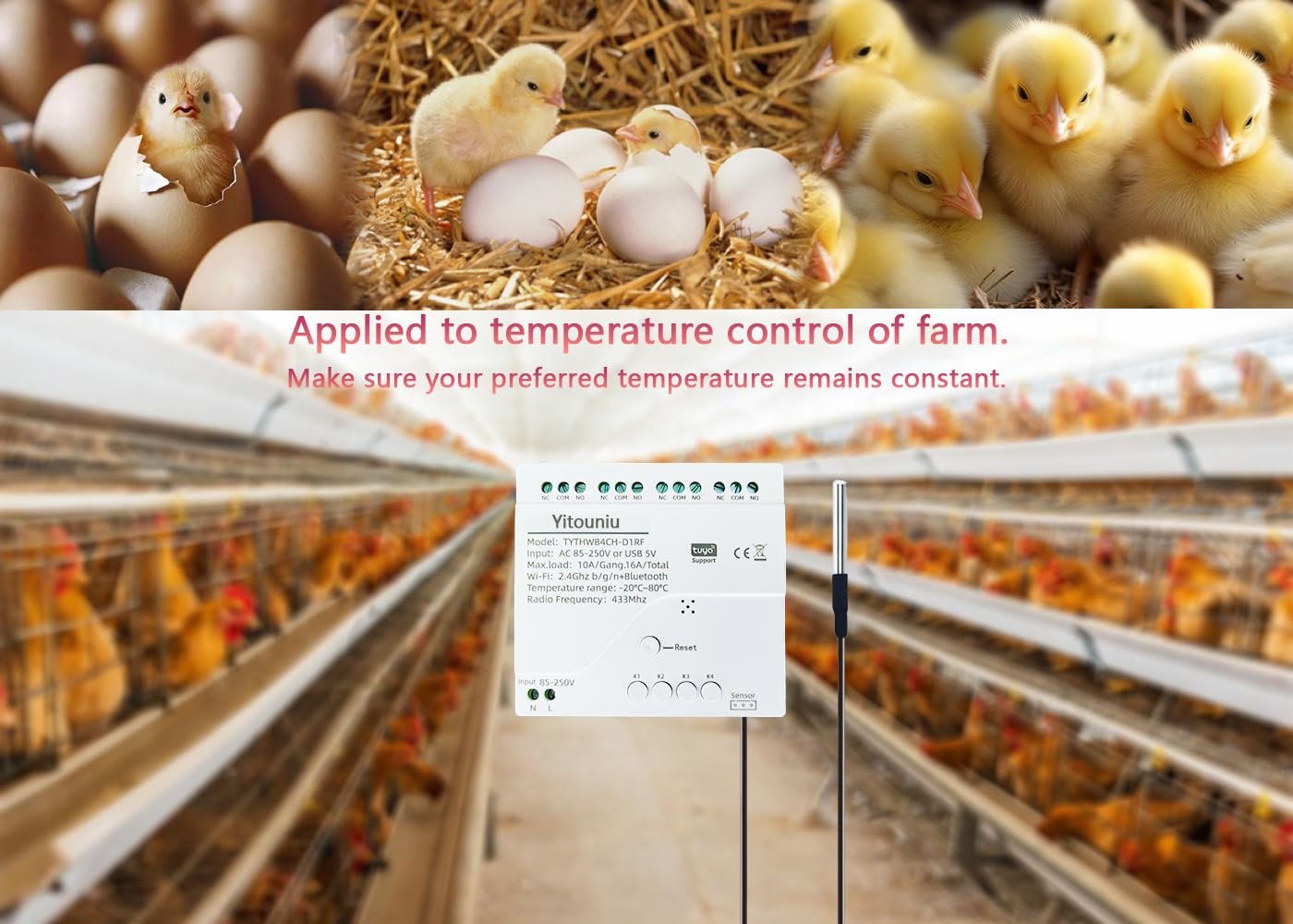 Yitouniu Tuya WiFi Temperature Sensor, 4CH Relay Switch, Independent Control, Home Automation,iOS Android Application, Dry contact,Compatible with Alexa and Google Home