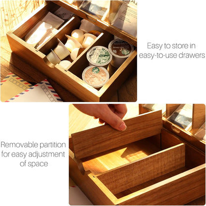Large Tea Organizer 2 Tier with Drawer by HTB, Tea Bag Organizer with Acrylic Transparent Hinged Lid, 9 Compartments Wooden Tea Bag Holder for Home, Office, Tea Parties